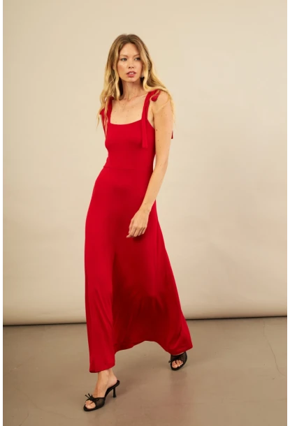 Kadın Kırmızı Omuz Fiyonklu Midi Elbise EY3119