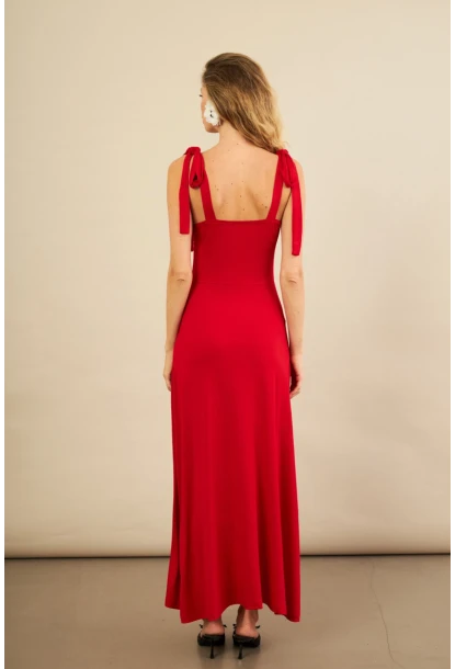 Kadın Kırmızı Omuz Fiyonklu Midi Elbise EY3119