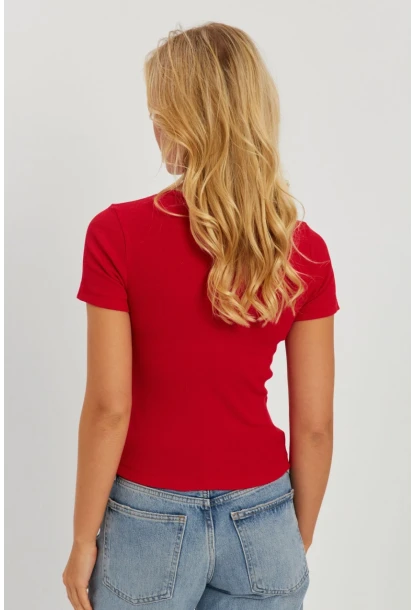 Kadın Kırmızı Önü Büzgülü V Yaka Bluz AYD309