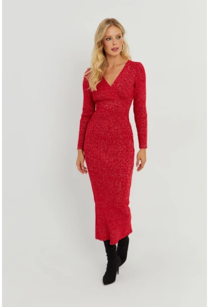 Kadın Kırmızı Simli Kruvaze Triko Maxi Elbise KED3578
