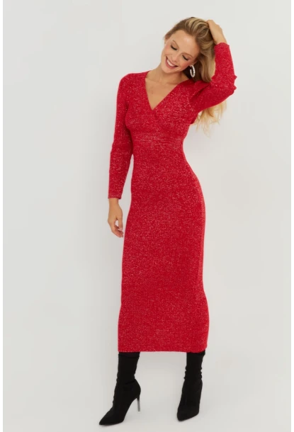 Kadın Kırmızı Simli Kruvaze Triko Maxi Elbise KED3578