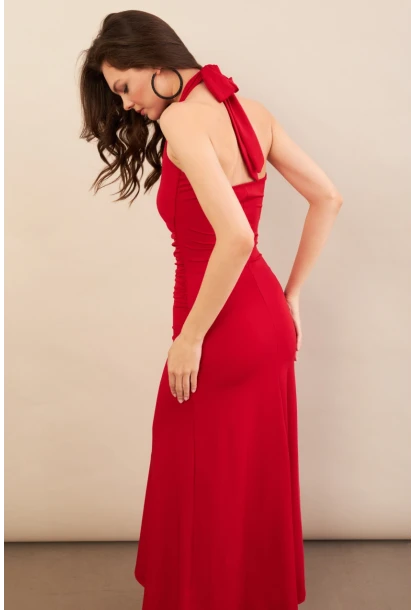 Kadın Kırmızı Sırtı Açık Boyun Bağlamalı Maxi Elbise DCF061