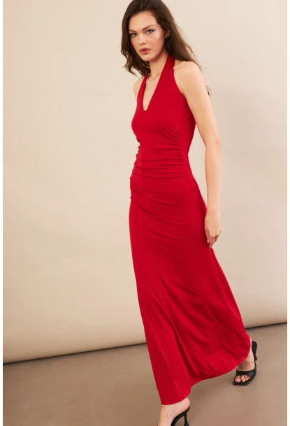 Kadın Kırmızı Sırtı Açık Boyun Bağlamalı Maxi Elbise DCF061