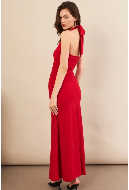 Kadın Kırmızı Sırtı Açık Boyun Bağlamalı Maxi Elbise DCF061