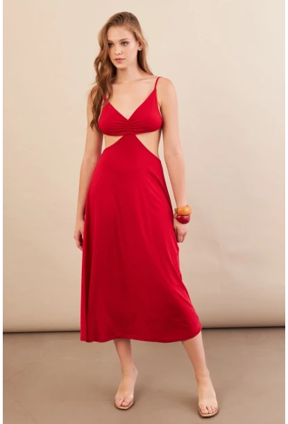 Kadın Kırmızı Sırtı Açık Halter Yaka Midi Elbise AN7036