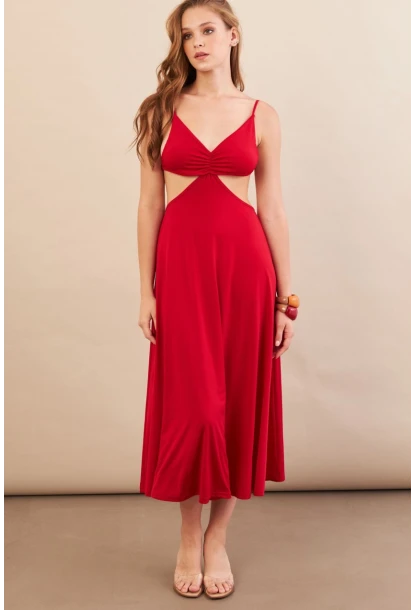 Kadın Kırmızı Sırtı Açık Halter Yaka Midi Elbise AN7036