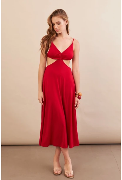Kadın Kırmızı Sırtı Açık Halter Yaka Midi Elbise AN7036
