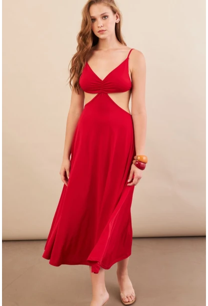 Kadın Kırmızı Sırtı Açık Halter Yaka Midi Elbise AN7036