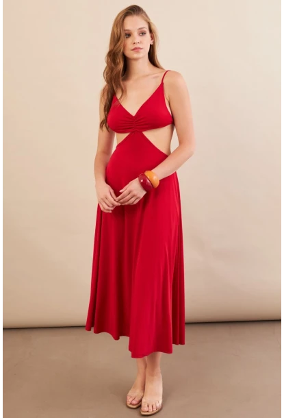 Kadın Kırmızı Sırtı Açık Halter Yaka Midi Elbise AN7036