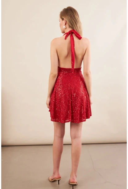 Kadın Kırmızı Sırtı Açık Payetli Astarlı Mini Elbise DCF046