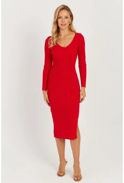 Kadın Kırmızı Sırtı Çapraz Triko Midi Elbise YZ407