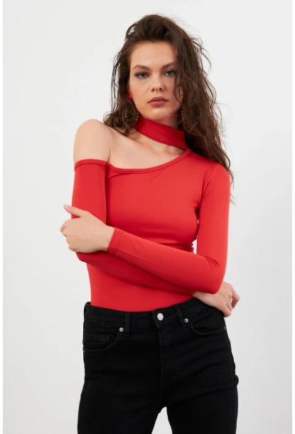 Kadın Kırmızı Tek Omuz Bluz EY3125