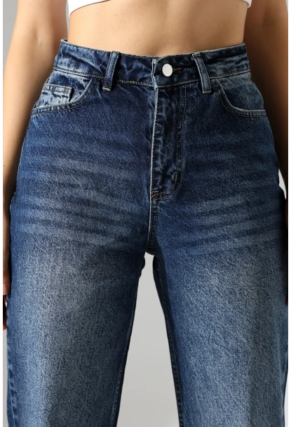 Kadın Koyu Mavi Yüksek Bel Düz Paça Jean