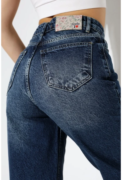 Kadın Koyu Mavi Yüksek Bel Düz Paça Jean