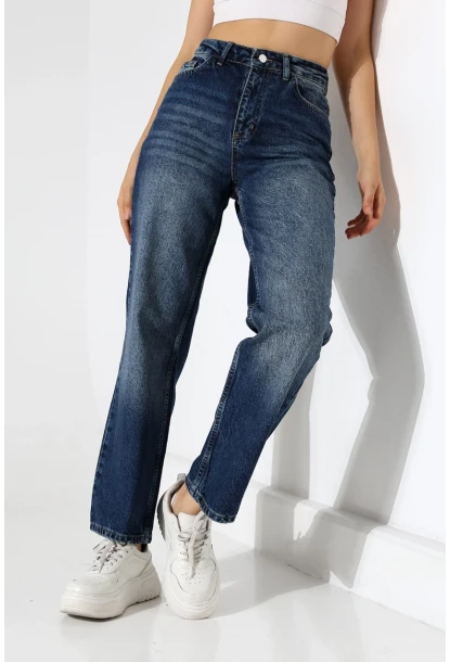 Kadın Koyu Mavi Yüksek Bel Düz Paça Jean