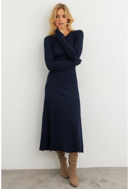 Kadın Lacivert Bağlamalı Kaşkorse Midi Elbise COL2268