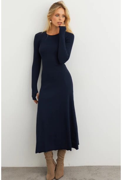 Kadın Lacivert Bağlamalı Kaşkorse Midi Elbise COL2268