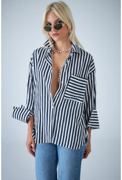 Kadın Lacivert Çizgili Cepli Gömlek ELN601