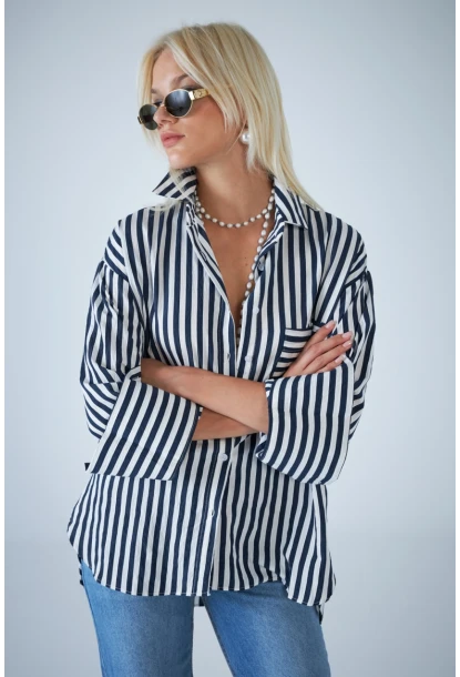 Kadın Lacivert Çizgili Cepli Gömlek ELN601