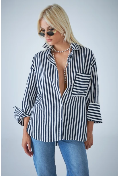 Kadın Lacivert Çizgili Cepli Gömlek ELN601
