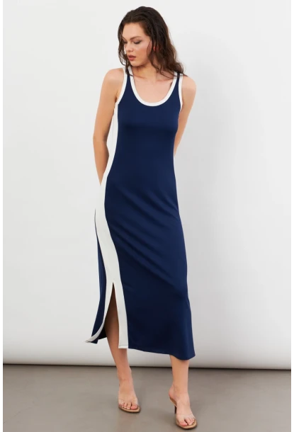 Kadın Lacivert Color Block Yırtmaçlı Midi Elbise UG105