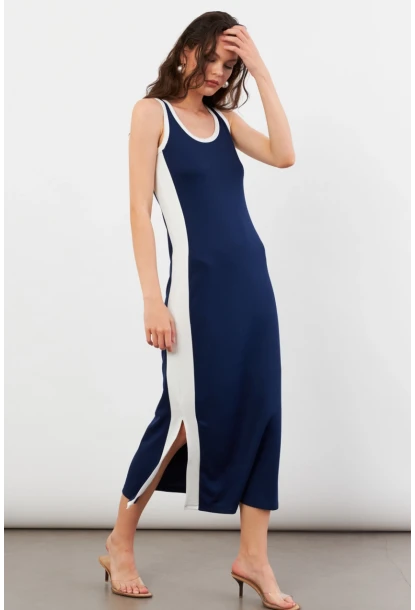 Kadın Lacivert Color Block Yırtmaçlı Midi Elbise UG105