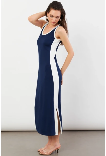 Kadın Lacivert Color Block Yırtmaçlı Midi Elbise UG105