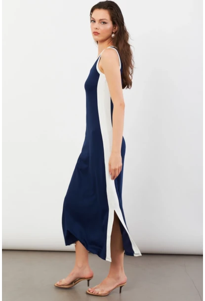 Kadın Lacivert Color Block Yırtmaçlı Midi Elbise UG105