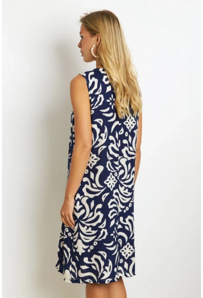 Kadın Lacivert Desenli Cepli Midi Elbise YZ1059