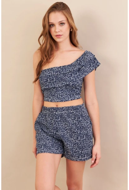 Kadın Lacivert Desenli Crop Şort Takım EV100