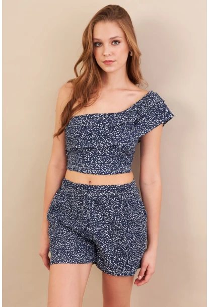 Kadın Lacivert Desenli Crop Şort Takım EV100