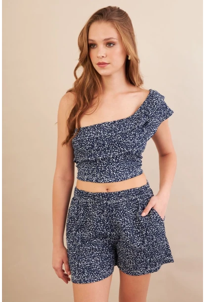 Kadın Lacivert Desenli Crop Şort Takım EV100