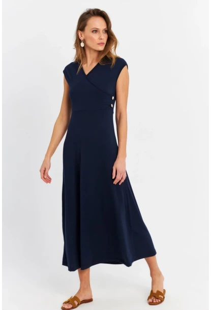 Kadın Lacivert Düğme Detaylı Kruvaze Midi Elbise EY0011
