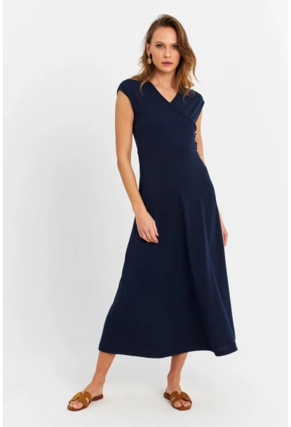 Kadın Lacivert Düğme Detaylı Kruvaze Midi Elbise EY0011