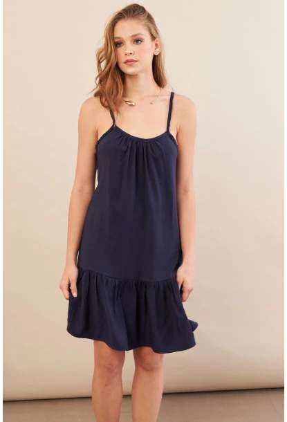 Kadın Lacivert Eteği Volanlı Askılı Midi Elbise OPS4152