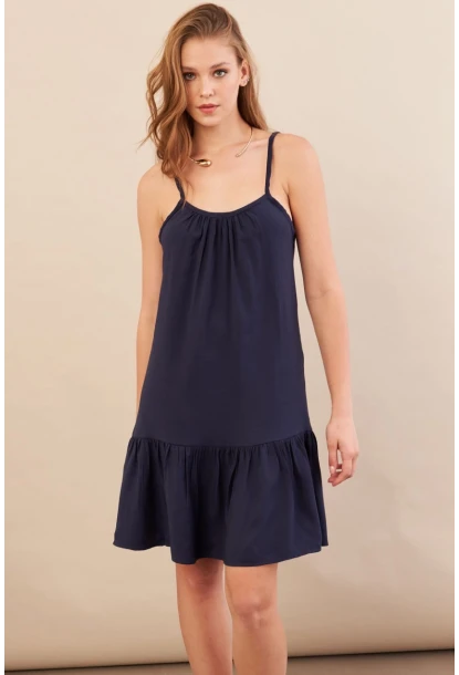 Kadın Lacivert Eteği Volanlı Askılı Midi Elbise OPS4152