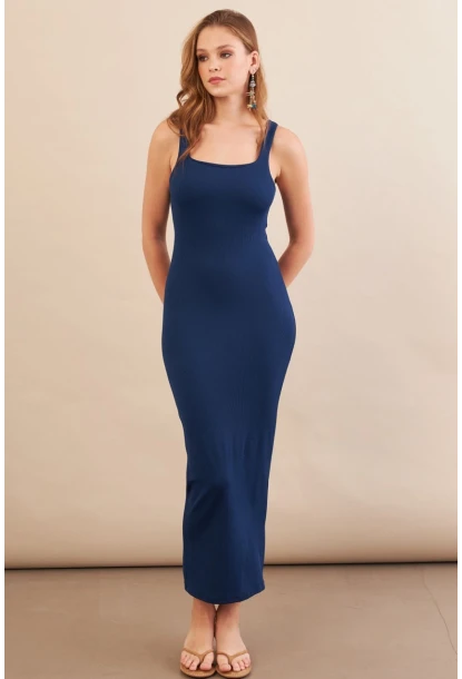 Kadın Lacivert Kare Yaka Midi Elbise DMR295-90