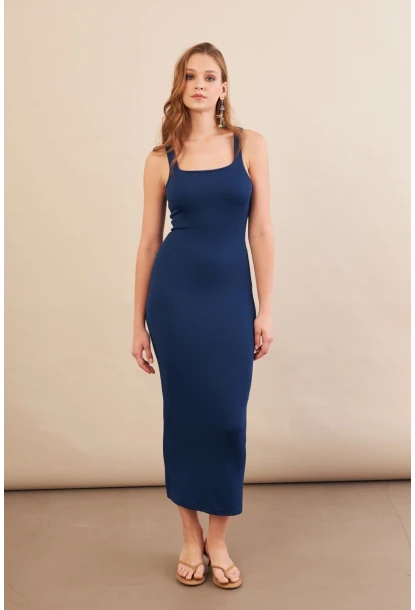 Kadın Lacivert Kare Yaka Midi Elbise DMR295-90