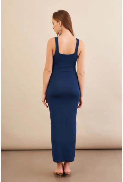 Kadın Lacivert Kare Yaka Midi Elbise DMR295-90