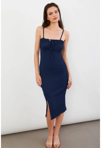 Kadın Lacivert Önü Bağlamalı Rustik Midi Elbise FRO2001