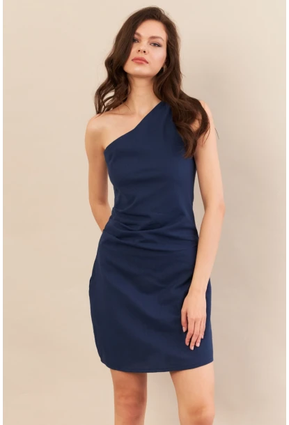 Kadın Lacivert Tek Omuz Astarlı Mini Keten Elbise AYD416