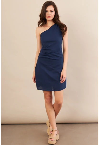 Kadın Lacivert Tek Omuz Astarlı Mini Keten Elbise AYD416