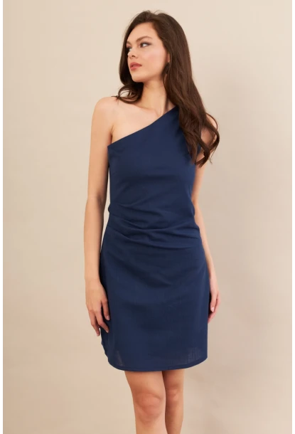 Kadın Lacivert Tek Omuz Astarlı Mini Keten Elbise AYD416