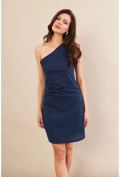 Kadın Lacivert Tek Omuz Astarlı Mini Keten Elbise AYD416