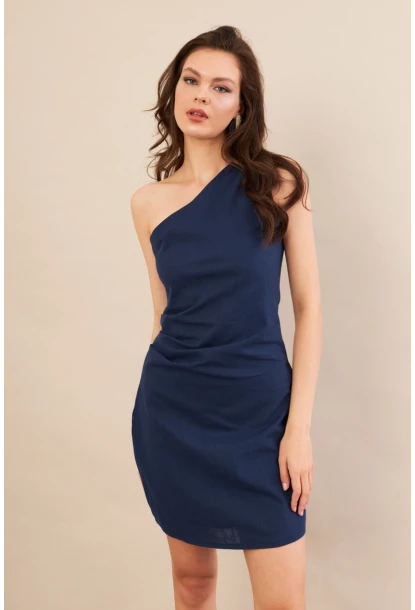 Kadın Lacivert Tek Omuz Astarlı Mini Keten Elbise AYD416