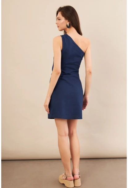 Kadın Lacivert Tek Omuz Astarlı Mini Keten Elbise AYD416