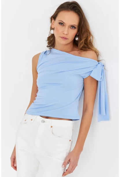 Kadın Mavi Bağlama Detaylı Bluz TF50