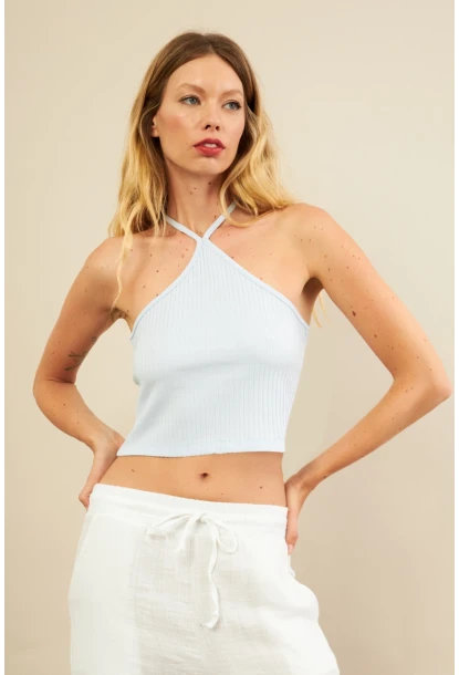 Kadın Mavi Boncuk Detaylı Sırtı Açık Bluz LPP1245-90