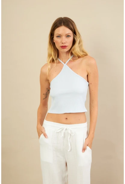 Kadın Mavi Boncuk Detaylı Sırtı Açık Bluz LPP1245-90