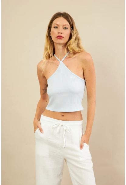 Kadın Mavi Boncuk Detaylı Sırtı Açık Bluz LPP1245-90